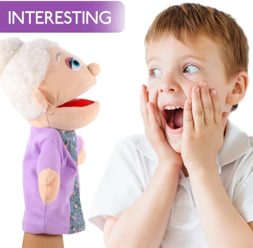 Miniatura 3 de Marioneta de mano para abuela, figura de miembro de la familia con boca móvil, marioneta de mano de felpa, juguetes de simulación, accesorios