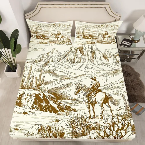 Miniatura 7 de Erosebridal Sábana bajera ajustable de vaquero, tamaño individual, desierto salvaje oeste americano, ilustración dibujada a mano, para decoración
