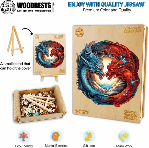 Miniatura 3 de WOODBESTS Rompecabezas de madera para adultos, rompecabezas de dragón Yin-Yang (M, 200 piezas, 11.3 x 10.9 pulgadas), hermosa caja de madera