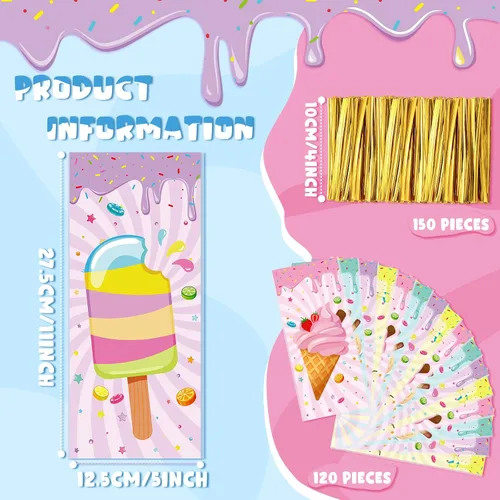 Miniatura 4 de Eaasty 120 bolsas de helado para fiesta, 5 x 11 pulgadas, cuatro bolsas de dulces con lazos giratorios, envoltura de celofán para fiestas temáticas