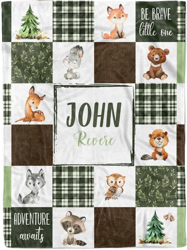 Woodland - Manta de bebé personalizada para niños, acogedora manta de felpa para niño recién nacido, regalos personalizados para baby shower, manta