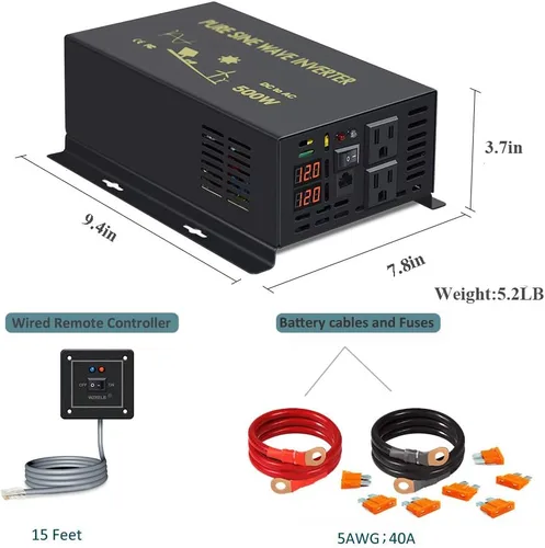 Miniatura 6 de WZRELB Inversor de corriente de onda sinusoidal pura de 500 W 12 V 120 V con 2 salidas de CA con control remoto con cable (RBP-50012WR)