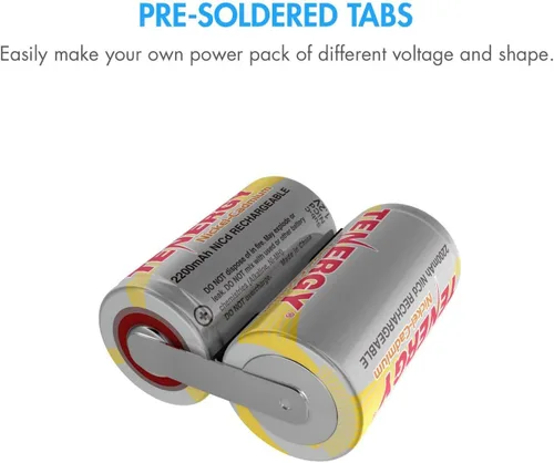 Miniatura 4 de Tenergy Batería de NiCd Sub C de 2200 mAh para herramientas eléctricas, baterías de celda sub-C recargables de 1.2 V con pestañas, paquete de 120