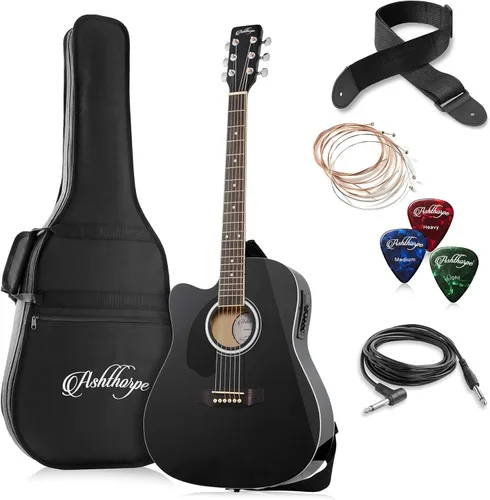 Ashthorpe Paquete de guitarra acústica-eléctrica de tamaño completo para zurdos Dreadnought Cutaway, Tonewoods premium, color negro