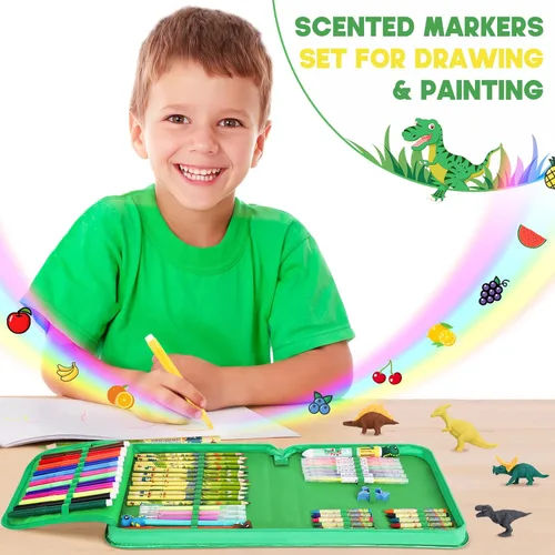 Miniatura 4 de Set de marcadores con aroma a frutas de 57 piezas con estuche de dinosaurio brillante y papelería, suministros de arte para niños de 4-6-8 años