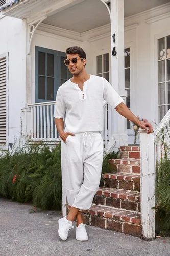 Miniatura 4 de COOFANDY Conjunto de 2 piezas de lino para hombre, camisa Henley de manga corta y pantalones capri harén, pierna ancha, holgados, pantalones de yoga