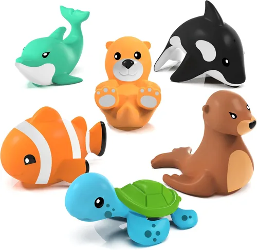 Tub Works® Juguetes de baño Marine™ sin moho, paquete de 6 | Diseño de juguetes de baño sellados y sin agujeros que mantiene la humedad fuera |