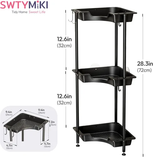 Miniatura 8 de SWTYMIKI Organizador de ducha esquinero de acero inoxidable, estantes de almacenamiento de ducha con 11 ganchos, paquete de 2 organizadores de ducha