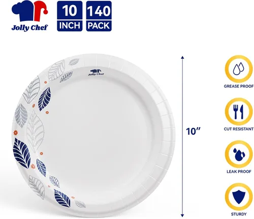 Miniatura 2 de JOLLY CHEF 140 platos de papel de 10 pulgadas, a prueba de remojo, a prueba de cortes, platos de papel desechables impresos de hojas resistentes
