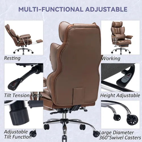 Miniatura 2 de Efomao Silla de oficina ejecutiva para personas pesadas, silla de respaldo alto con reposapiés, silla de oficina de piel sintética ajustable en Café
