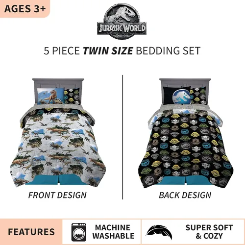 Miniatura 3 de Franco - Juego de ropa de cama para niños, edredón y sábanas supersuaves con funda de almohada, 5 piezas, tamaño individual, Jurassic World, 6A1348