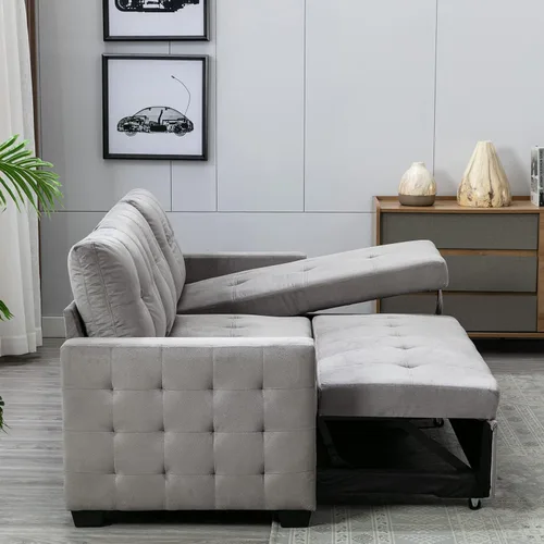 Miniatura 5 de Sofá modular con cama extraíble, sofá esquinero tapizado de terciopelo de 76.8 pulgadas con marco de madera maciza de 2 asientos y diván de Gris