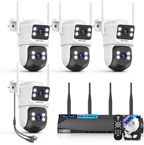 【Audio de 2 vías y vista de 360°】 Cámaras de seguridad PTZ de 4MP inalámbricas para exteriores, sistema de cámara de seguridad WiFi para el hogar,
