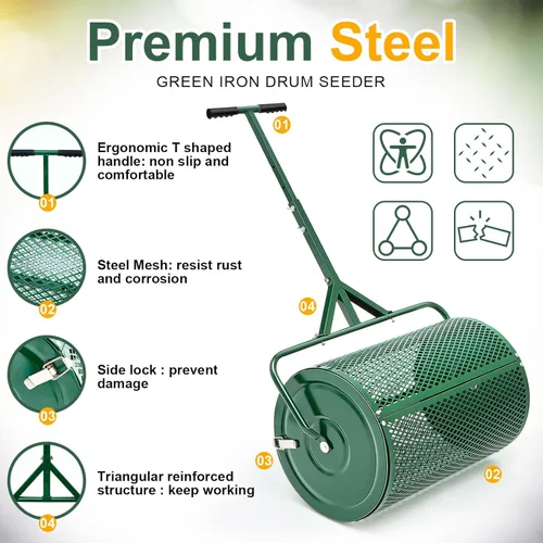 Miniatura 3 de Hiboom Esparcidor de compost de 24 pulgadas, esparcidor de musgo de turba, rodillo de estiércol con mango ajustable en forma de T, malla metálica