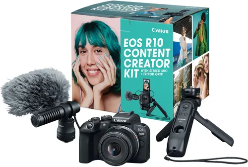Kit de creador de contenido Canon EOS R10, cámara sin espejo para vlogging con lente RF-S18-45mm F4.5-6.3 IS STM, trípode y micrófono estéreo,