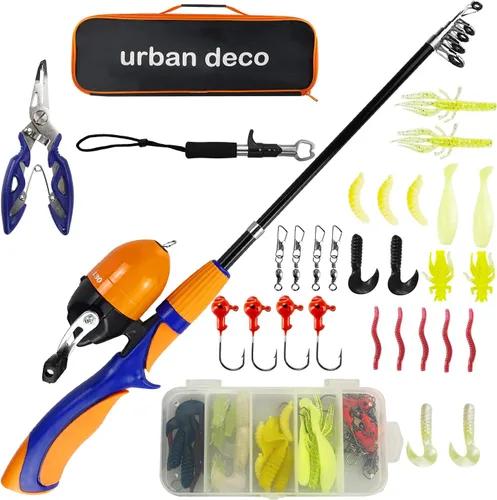 Miniatura 8 de Urban Deco Juego de caña de pescar para niños, portátil, telescópica, caña, carrete y kit combinado con caja de aparejos para principiantes, niños