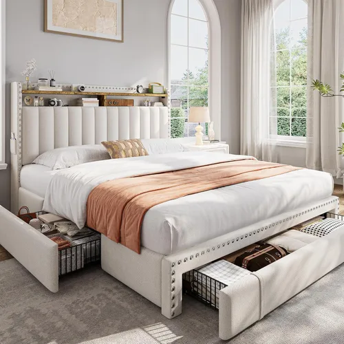 Miniatura 8 de EnHomee Marco de cama Full tapizada con 3 cajones de almacenamiento, cabecera de almacenamiento de 2 niveles, marco de cama de plataforma