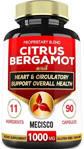 Mecisco Suplemento de bergamota cítrica 11 en 1 de 1000 mg con chokeberry negro, berberina HCl y más – 90 cápsulas – Apoya la salud del corazón, el