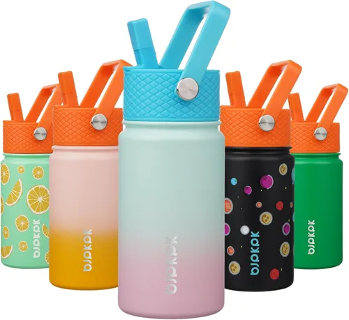 Miniatura 49 de BJPKPK Botella de agua aislada con tapa con pajilla, bonitas botellas de agua de 15 onzas, termo de metal de acero inoxidable, vasos reutilizables