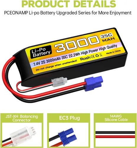 Miniatura 6 de 2 unidades 2S Lipo batería 7.4 V 3000 mAh 35C con enchufe EC3 con 2 cables de carga USB para RC coche, camión, barco, cuadricóptero FPV Drone batería