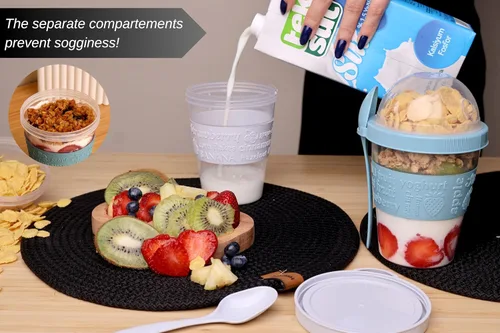 Miniatura 5 de Salda Paquete de 4 tazas de desayuno sobre la marcha, taza de yogur para llevar y llevar con cobertura de cereales con cuchara, frasco de avena