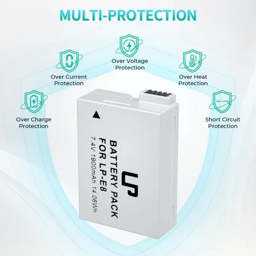 Miniatura 5 de LP Batería de repuesto E8, paquete de 2 baterías E8 de 1900 mAh para cámara digital Canon EOS Rebel T2i, T3i, T4i, T5i, EOS 550D, EOS 600D, EOS