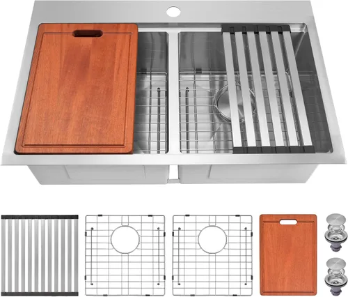 Miniatura 21 de LQS Fregadero de cocina de doble tazón para muchas ollas y sartenes, fregaderos de cocina de acero inoxidable para montaje bajo y caída