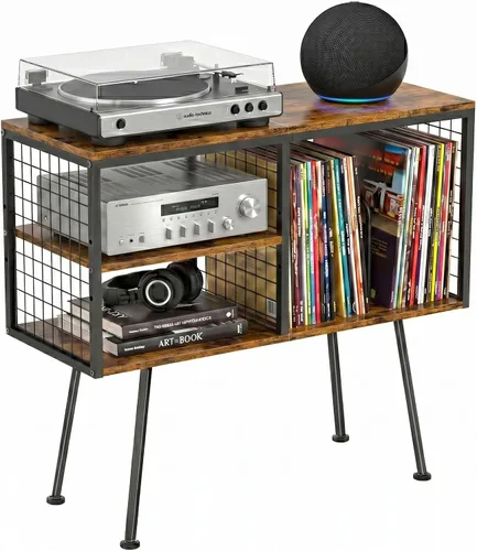 Miniatura 9 de Faesun - Soporte para tocadiscos con almacenamiento, soporta más de 100 discos de vinilo, mesa para tocadiscos industrial con estante