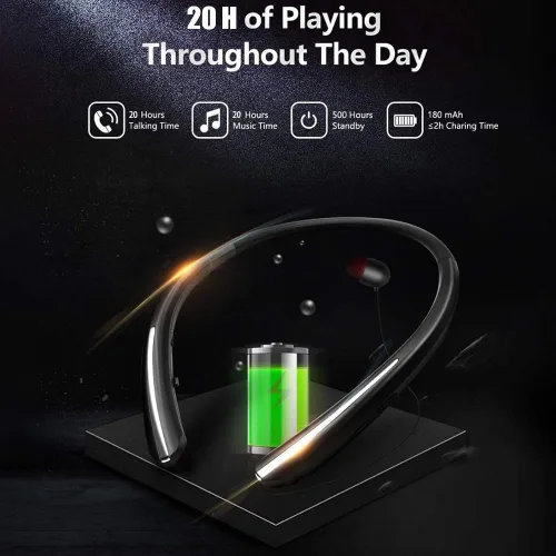 Miniatura 4 de Auriculares Bluetooth retráctiles con banda para el cuello, auriculares inalámbricos de ajuste cómodo de 20 horas con carrete automático, Negro