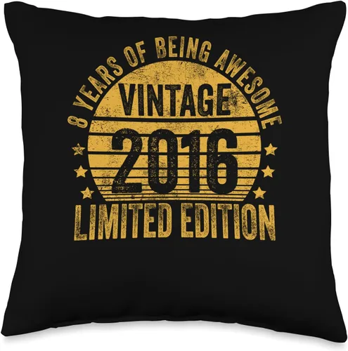 8 Year Old Vintage 2016 Limited Edition Bday Regalos retro de 8º cumpleaños para niñas y niños, almohada de 16 x 16 pulgadas, multicolor