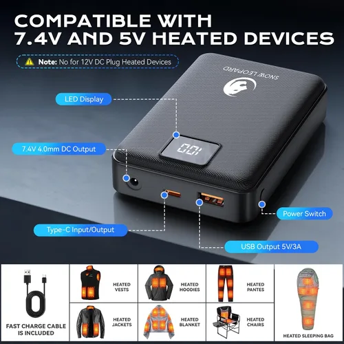 Miniatura 6 de SNOW LEOPARD Paquete de Batería para Chaleco Calefactable 7.4v 16000mah Banco de Energía para Chaqueta Calefactable con Pantalla LED Paquete
