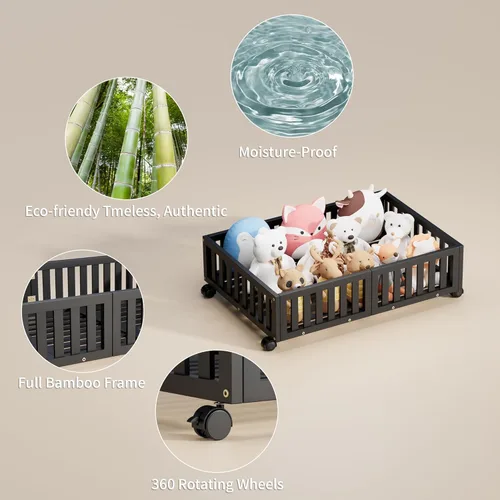 Miniatura 3 de Almacenamiento de bambú debajo de la cama con ruedas, caja organizadora de zapatos rodante debajo de la cama para zapatos, mantas, juguetes