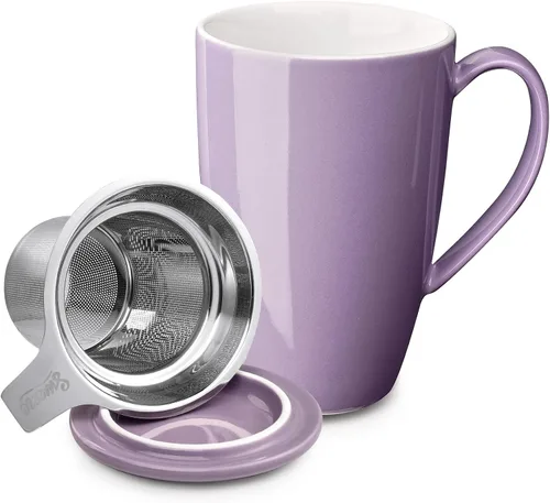 Sweese Taza de té de porcelana de 15 onzas con infusor y tapa, taza de té de hojas sueltas, regalos para amantes del té, color morado Púrpura