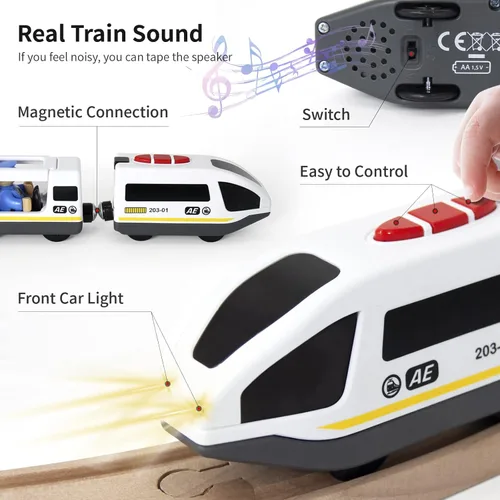 Miniatura 3 de WOOD CITY Tren a pilas para pista de madera, juego de tren de locomotora eléctrica con potente motor compatible con Thomas, Brio, Chuggington