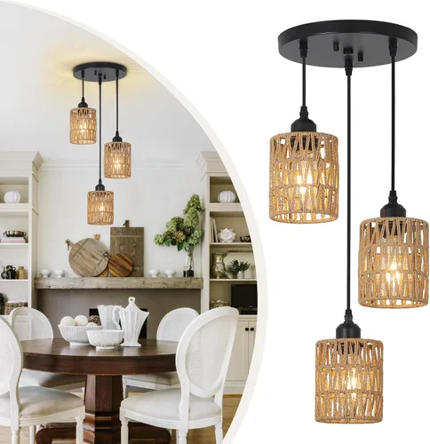 LAMSU Lámpara colgante de 3 luces de ratán, accesorios de iluminación de techo estilo granja para comedor, lámpara colgante estilo boho con