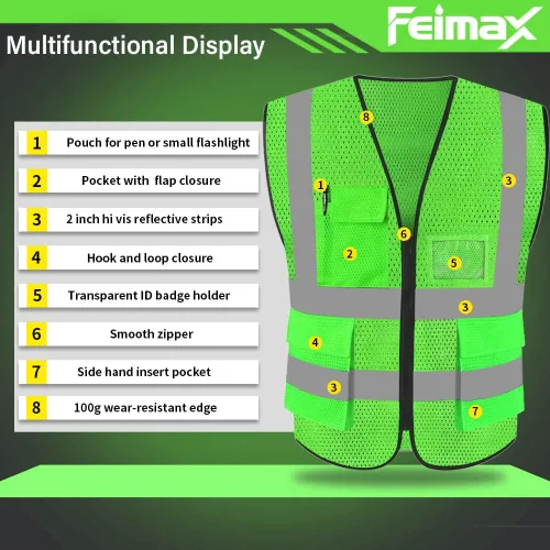 Miniatura 2 de FEimaX Chaleco de seguridad de alta visibilidad, chaleco de trabajo reflectante de malla para hombres y mujeres con bolsillos y cremallera, cumple