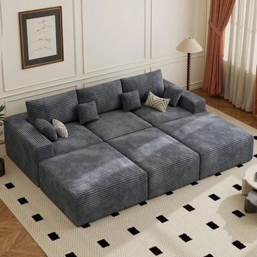 Sofá cama seccional modular de 113", sofás de nube convertibles para sala de estar con otomana, juego de sofá cama de pana sin estructura de 6 Gris