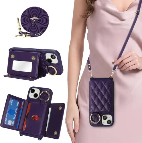 Miniatura 15 de Funda para iPhone 14 Plus con tarjetero y correa para mujer, cordón cruzado, espejo de maquillaje, soporte de anillo, cierre a presión, bonitas Rosa