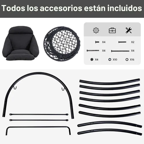 Miniatura 7 de ANOW Silla colgante con soporte incluido, hamaca resistente con soporte y cojín acolchado extraíble, máximo 400 libras, gris oscuro