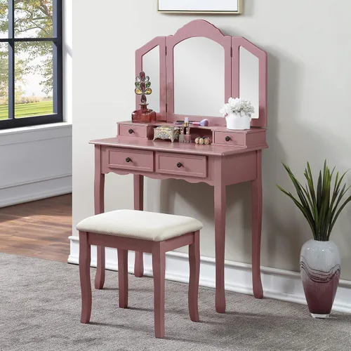 Miniatura 9 de Roundhill Furniture, Sanlo - Juego de tocador y banco de madera, blanco