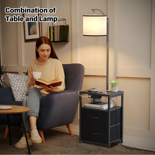 Miniatura 2 de SUNMORY Lámpara de pie con mesa y 2 cajones, lámpara con puerto USB y toma de corriente, lámparas para mesita de noche con bombilla LED de 3 Negro