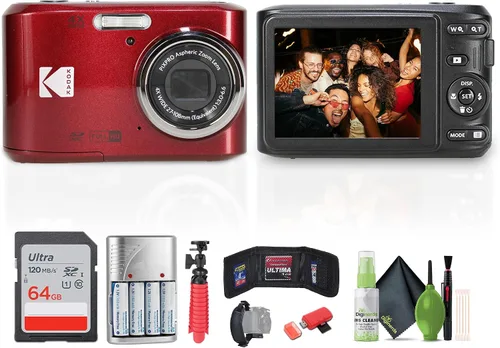 Kodak Pixpro FZ45 - Cámara digital (rojo) paquete incluye: tarjeta de memoria de 64 GB, baterías recargables, trípode flexible, lector de tarjetas,