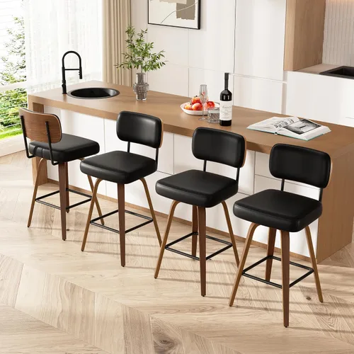 Miniatura 37 de Juego de 1 taburete de bar giratorio, taburetes de bar tapizados de 26" de altura para encimera con respaldo de nogal y patas de madera curvada