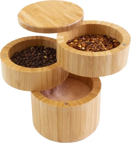 Miniatura 10 de Totally Bamboo Salt Keeper Duet - Salero de bambú con compartimentos duales para sal y pimienta o especias, tapas giratorias magnéticas, caja de sal
