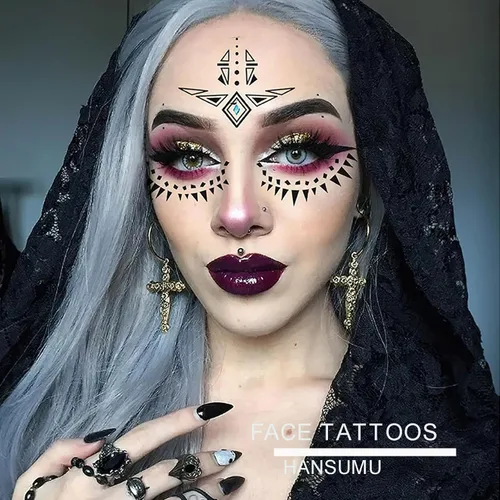 Miniatura 4 de Paquete de 9 calcomanías de maquillaje facial de ojos, impermeables, de encaje negro, tatuaje temporal para mujeres y niñas, Halloween, Navidad