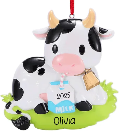 Adorno de Navidad personalizado de vaca 2026 | Animal de granja con decoración de árbol de Navidad de leche | Regalo de recuerdo único personalizado