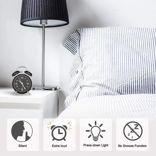 Miniatura 4 de Azyh Reloj despertador ruidoso para adultos que duermen pesados, de metal de 4 pulgadas, doble campana, funciona con pilas, para decoración de Negro