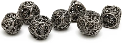 Miniatura 6 de Dados DND, dados de metal huecos D&D, juego de dados de mazmorras y dragones con caja de regalo, 7 piezas de juegos de dados poliédricos steampunk