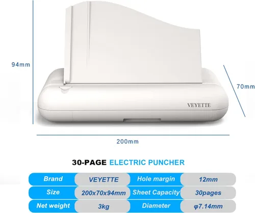 Miniatura 2 de Perforadora eléctrica de 3 agujeros, VEYETTE - Perforadora comercial resistente con adaptador para oficina, escuela, estudio, capacidad de 30 hojas