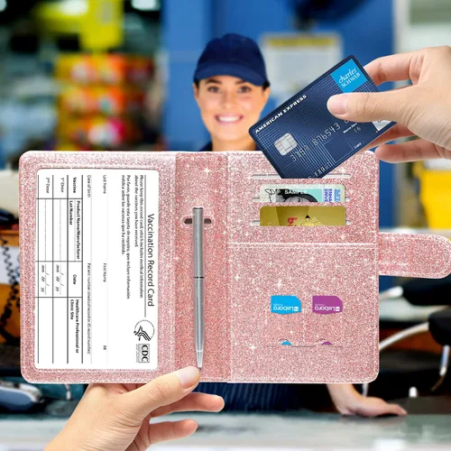 Miniatura 6 de MCmolis Estuche para pasaporte y tarjeta de vacunación Combo - Funda de cuero para documentos de viaje, protector con hebilla magnética, Escarcha